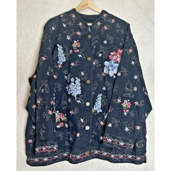 VTG + DENIM & CO Jacket Women Sz 2X Embroidered Embellished Dark Cottagecore - Picture 1 of 8
